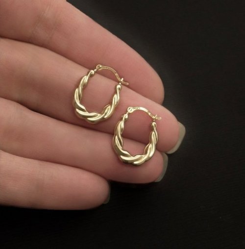  Vintage 10K Gold HOOP Earrings Scallop Small Puffed Earring Hoops Oval Shape Locking Leverbacks Pie