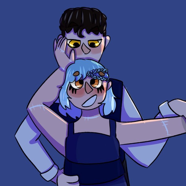 A picture of op's ocs, Eros and Dominic dancing. Eros is in front of Dominic, obscuring the bottom half of Dominic's face. Eros' hand is on the left side of Dominic's face, and Dominic's hand is on Eros' waist. Eros is a short white girl with shoulder length blue hair, brown eyes, and surgical scars on her joints. Dominic is a taller white boy with slicked back black hair and yellow eyes.