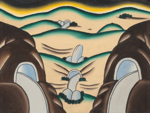 Roger Brown (American, 1941-1997), A Landscape in Celebration of Sex. Oil on canvas, 23.2 x 30.8 cm.