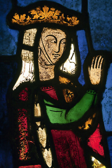 Medieval English stained glass window depicting the German queen Beatrice of Falkenburg (1254-1277),