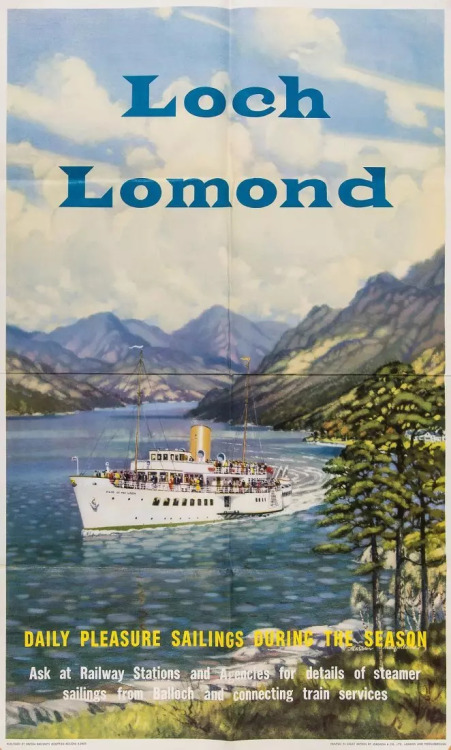 Vintage poster of Loch Lomond, Scotland, ca. 1950s showing the Maid of the Loch paddle steamer.  Art
