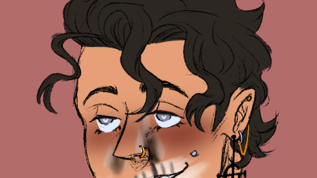 Cropped digital drawing of my OC, Zephyr, grinning and blushing, looking dazed with hearts in his eyes. It is a cropped drawing from a sketch page that includes several more drawings (not included).