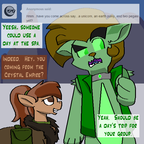 ask-wisp-the-diamond-dog:  Wisp:  Heh, I guess Freckles found his pack.  I should go see him. Featuring the cast of Ask King Sombra.  :D  xD!