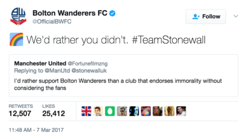 gaywrites:  In which Manchester United partners with the U.K. LGBT organization Stonewall, someone gets homophobic about it, and that someone is promptly shown the door. I love so much about this. (via BuzzFeed)