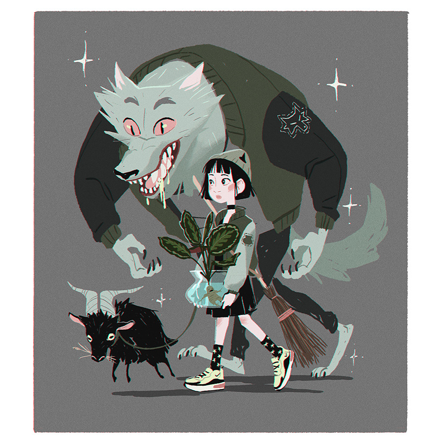 celine-kim:   Urban Witch on a walk with her Werewoof boyfriend and her floating