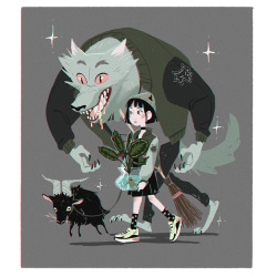 celine-kim:    Urban Witch on a walk with her Werewoof boyfriend and her floating pet goat   Calathea Mandrake  