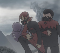 biiguru:  Maxie and Tabitha surveying the area during an ash fall. This is supposed to be during an earlier chapter in the story of Team Magma, which is why they are in different outfits and there is a lack of Courtney.