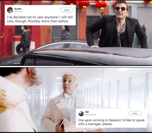 livebloggingmydescentintomadness:tweet meme: good omens edition