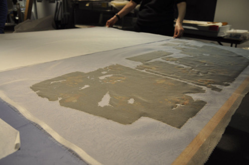 Chief Conservator Esther Méthé supervises conservation intern Annaïck Keruzec as she cuts tissue for