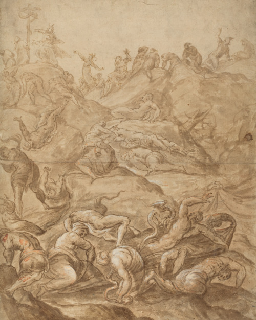 The Brazen Serpent after Jacopo Tintorettobrown ink and wash, heightened with white and orange gouac