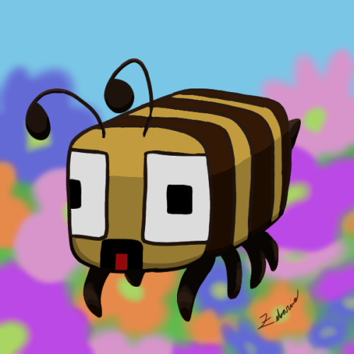 A minecraft bee with Keralis's face on it (big eyes, open mouth), on a background of blurred pastel flowers and soft blue sky.