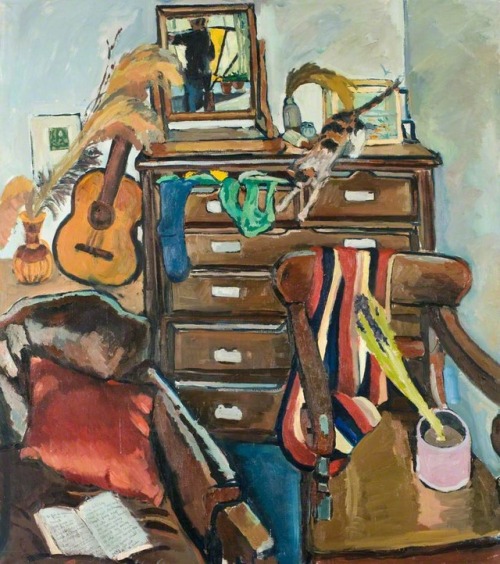 cactus-in-art:Catherine Orton (British, *1953)Bedroom with Cat[Quite likely the plant in the armchai