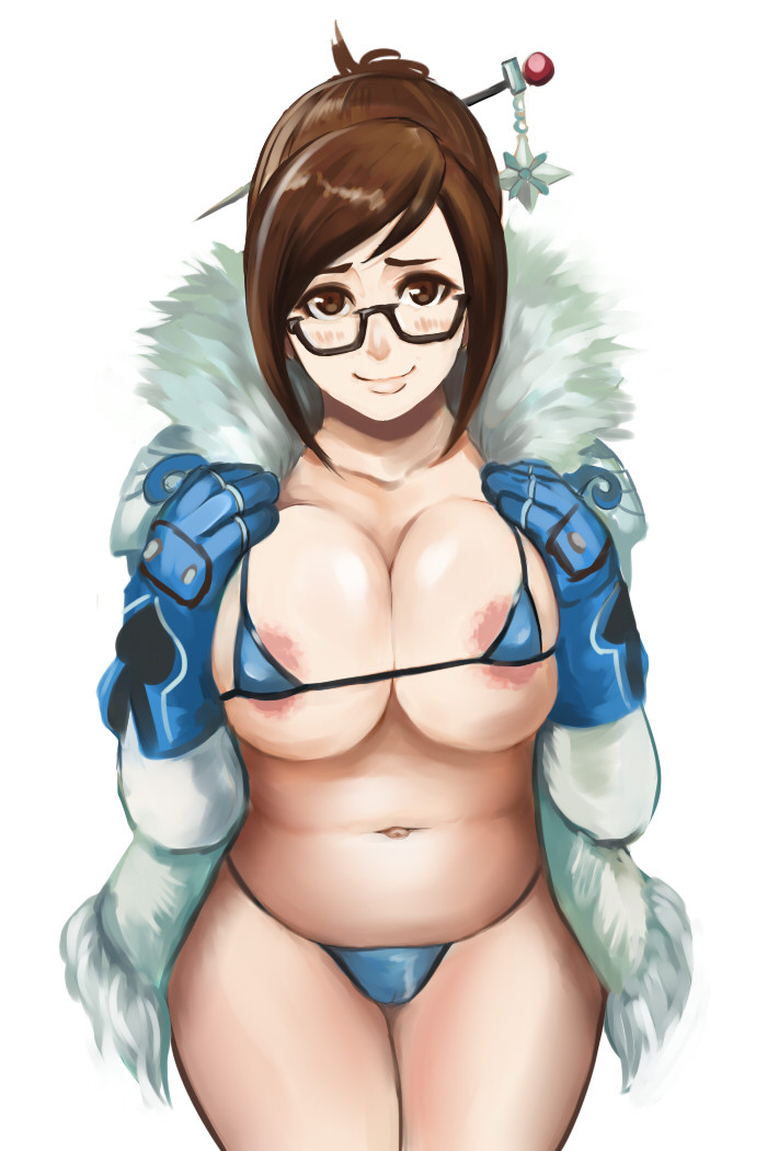 overwatch、mei-ling zhou、shibusun、ビキニ、ロングヘア、はだけたコート、マイクロビキニ、乳、乳輪、乳輪チラ、お団子（髪型）、巨乳、手袋、曲線美、はだけた服、水着、カメラ目線、眼鏡、縛られた髪、茶色の瞳、茶髪、赤面、髪飾り