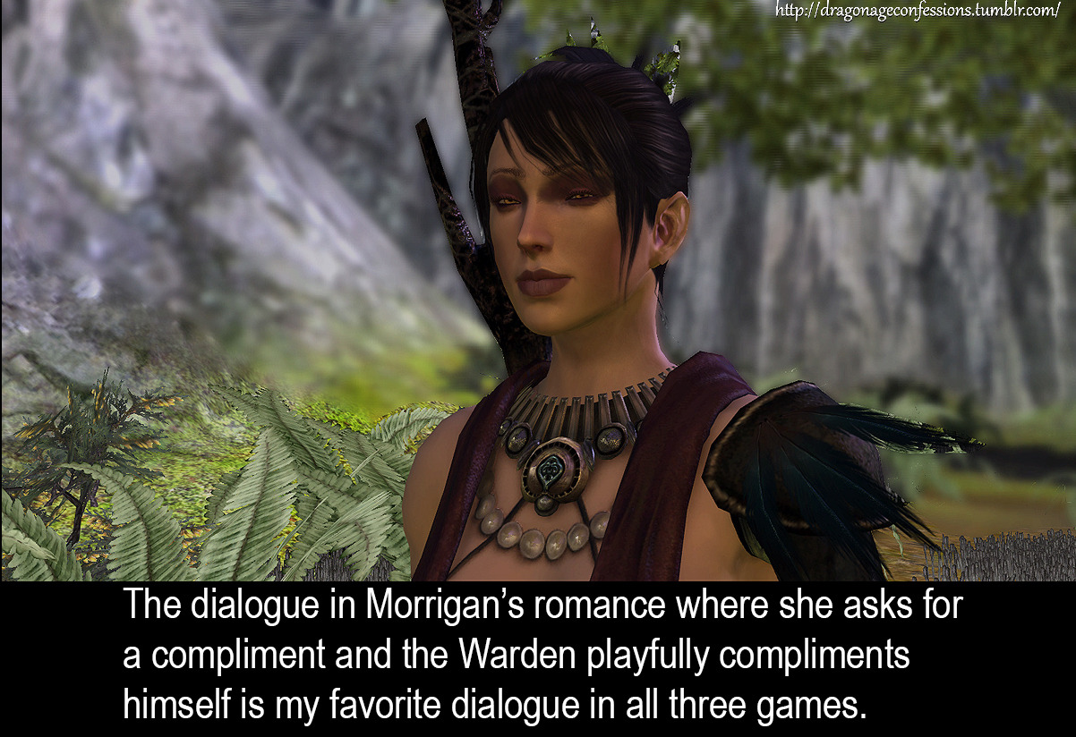 In Dragon Age: Origins , there is idle companion dialogue where  Leliana(another companion) comes up with a dress idea for Morrigan , 2  games later In Dragon Age: Inquisition when you meet