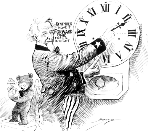 “Remember, move it forward one hour to-night.” Series: Berryman Political Cartoon Collection, 1896 -