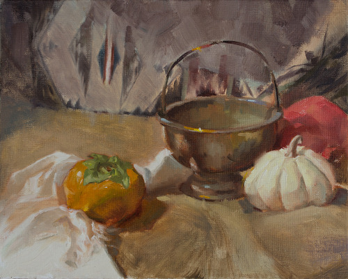 My first still life in oils, done in Meadow Gist&rsquo;s class. Really fun to paint these set up