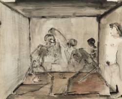 thunderstruck9:  Paul Delvaux (Belgian, 1897-1994), Combat de squelettes [Skeletons fighting], 1934. Watercolour pen drawing and ink wash, 59 x 74 cm. 