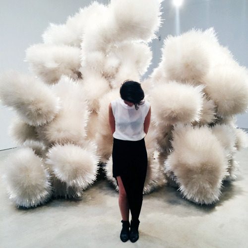 We spotted Jennifer completely engulfed in Tara Donovan’s razor-sharp fuzzball installation at the P