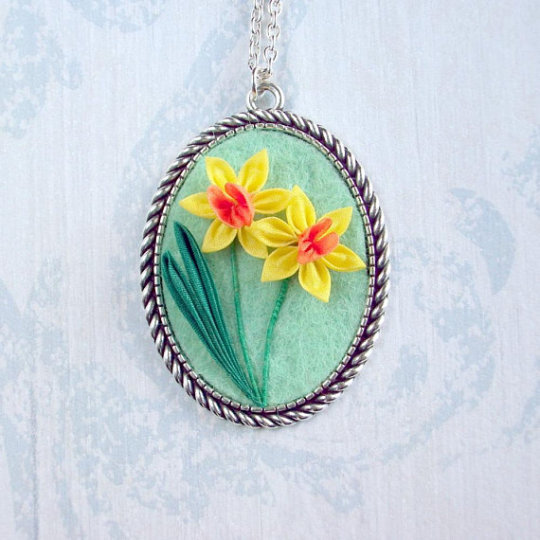 Tsumami Yellow and Orange Daffodil Floral pendant
