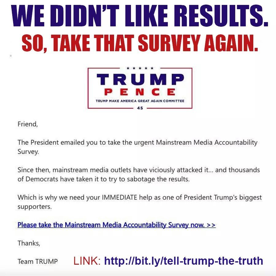 veliseraptor:
“ prochoice-or-gtfo:
“ uppityfemale:
“ The Trump team put out a survey a while ago about the mainstream media. Apparently they didn’t like the answers so they sent it out again but only to Trump supporters.
Here’s the link so you can...