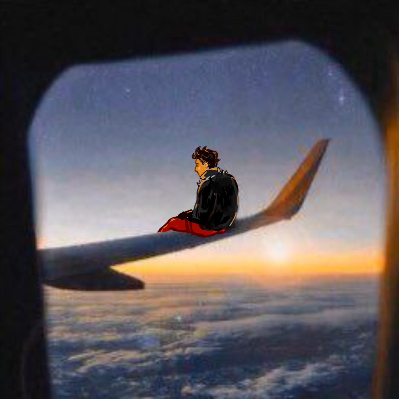 Fanart depicting Superboy sitting on the wing of a plane, as seen through the window inside the plane