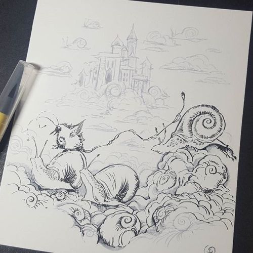 shadowscapes-stephlaw:Cloud castles and sky snails. I think fox is lost in a fluffy cloud bank. #ink