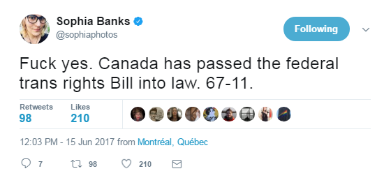 BREAKING: Canada has passed the federal trans rights Bill into law. 67-11