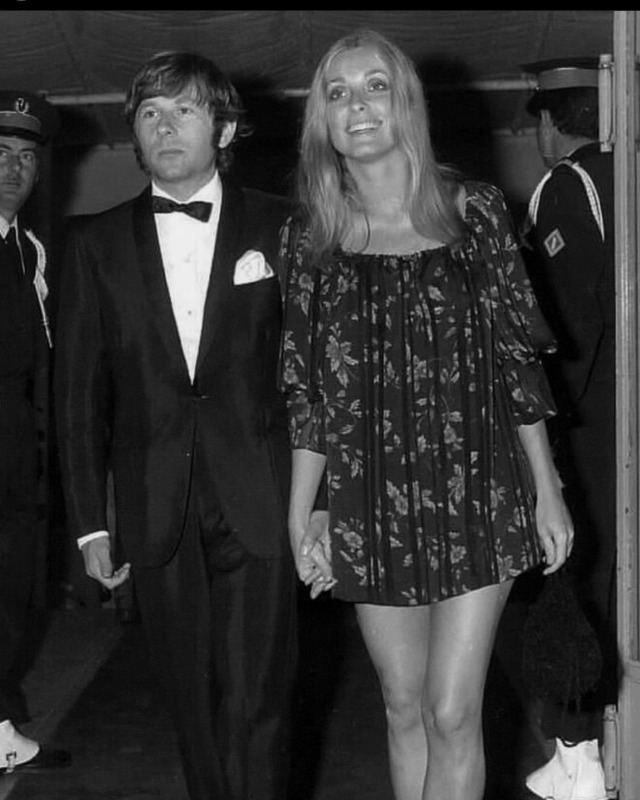 Sharon Tate and Roman Polanski attend a screening of 'Black Jesus' at the 1968 Cannes Film Festival. Her black chiffon dress 