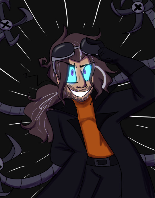 Colored digital art of Doc from HLVRV, from the knees up on a black background. They have their goggles raised raised, revealing glowing blue eyes, and wear a sinister grin, with four metal arms twisting behind her. alt by spritespi on tumblr, apparently doc uses all pronouns!