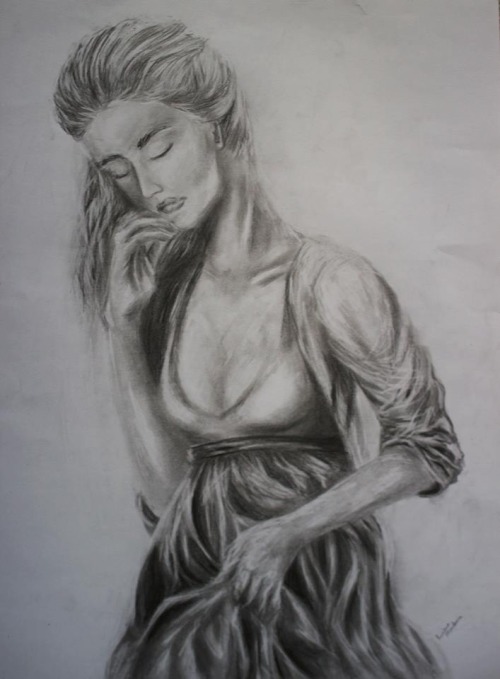 This is a drawing by pencil on paper, size 18″ by 24″ Her thoughts fill her mind and overwhelm her e