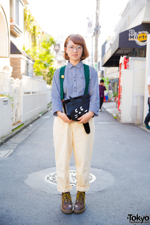 Miho on the street in Harajuku with a Ne-Net cat bag, resale fashion, and Dr. Martens boots. Full Lo