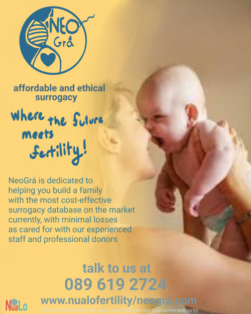 gaeilge: fogra faoi serbhisi torthulacht NeoGra le NuaLo
english: an advertisement for NeoGra fertility services with NuaLo