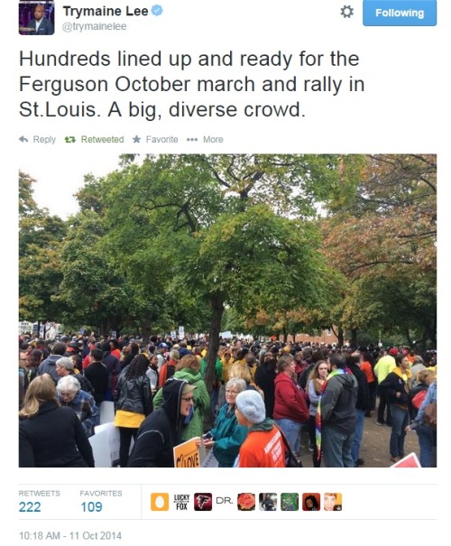 iwriteaboutfeminism:  Protesters gather before the march this afternoon in St. Louis. Saturday, October 11th.   My best friend is there right now