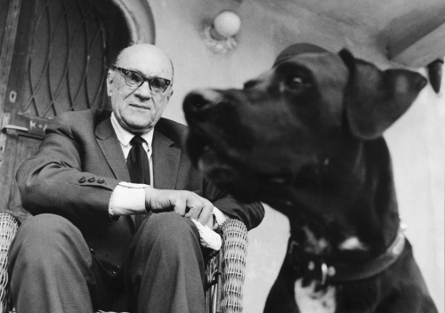 Polish poet Jarosław Iwaszkiewicz with his dog Tropek, 1963.