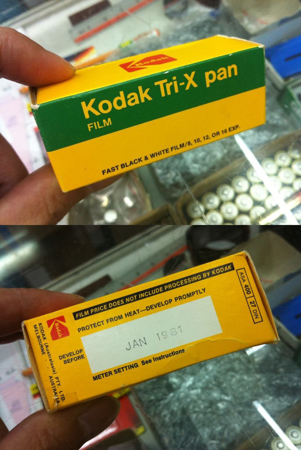 Found this vintage roll of Tri-X Pan box in my local camera store. How old? Check out the expiry date!