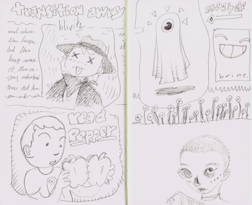 Read PepperTwo pages from the car sketchbook. Mostly nonsense. The character on the lower right is a