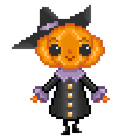 Pixel art pumpkin character in a black coat and hat