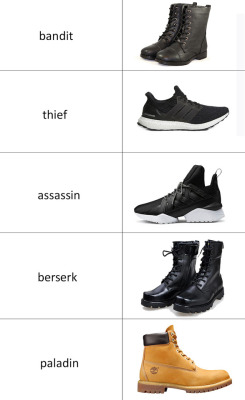 we-are-rogue:  wearefavoredsoul: krimsons: thats just some tea, yall   ☕    ☕    ☕   @weareadventurers  Nice, I’ll take 10 Thief, and a pair of all the black ones. To quote Joe Strummer, “Always wear shoes that are good for running or fighting.”