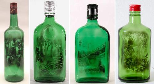 coolthingoftheday:  Artist Jim Dingilian fills bottles with smoke, and then uses hard-bristled brushes attached to wooden rods to brush away the debris on the inside of the glass, creating vividly detailed scenes.