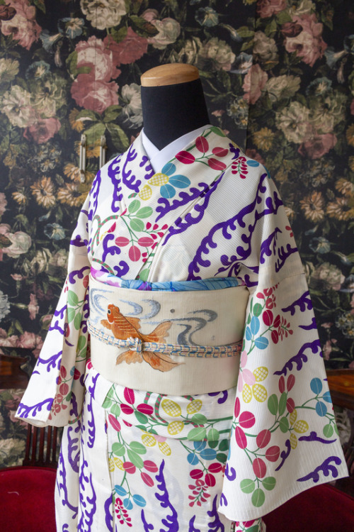 Bright summer antique outfit, featuring an airy summer kimono with lively hagi (clover), paired with