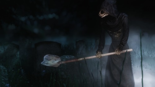 mrhaar:  I remade Digs-Up-Graves in good Skyrim aka Oldrim, (I still hate that name) and took a couple thematic screenshots of him doing his thing in Falkreath’s cemetery. The townsfolk don’t like him very much. 