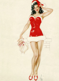 mamaslittlecubs:  thereverseofme:  vintagegal:  Illustration by Alberto Vargas, 1945  At first I was like “Yum! Yes please!” but then I noticed she was holding the disembodied head of Santa and his eyes were rolled back in his dead head and then I