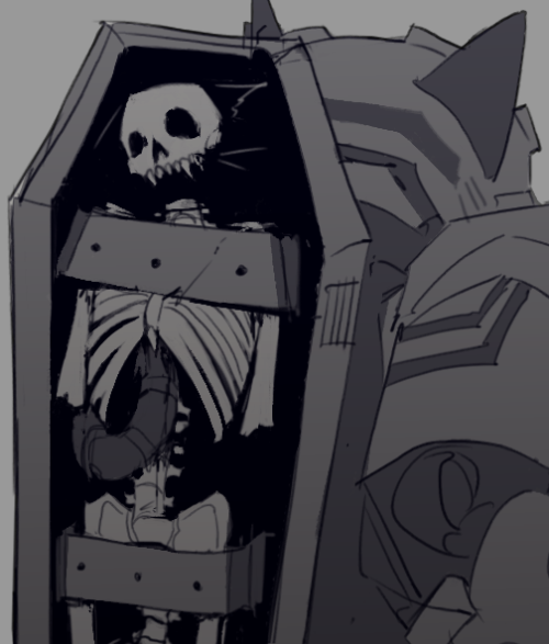 the next doodle is of the skeletons in the gutterman coffins. similar to the previous, the skull is changed to be more cat-like, with vague ghosts of its ears and whiskers, and its tail loosely hangs outside the coffin. the gutterman it's attached to has cat ears as well. unlike the rest, the whole piece is mostly grayscale