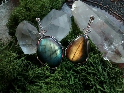 two beautiful custom wire wrapped labradorite pendants i made the other day