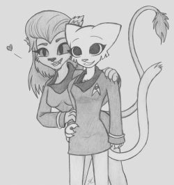 lokerobster: Adventures of Space Cat and Slu…uuuhh, I mean Sad Cat Lieutenant M’ress helping Katia try on an original series Star Trek uniform. You know, the hot one. I just thought it would be cute (and hot, did I mention hot?) to see Katia wearing