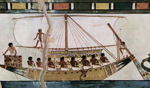 An Egyptian sailing ship depicted in the tomb of Menna, a scribe who worked for the pharaoh, 1410s B