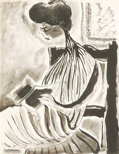 lilithsplace: ‘Reading’ - Paul Ackerman  (1908–1981) . ink wash on paper