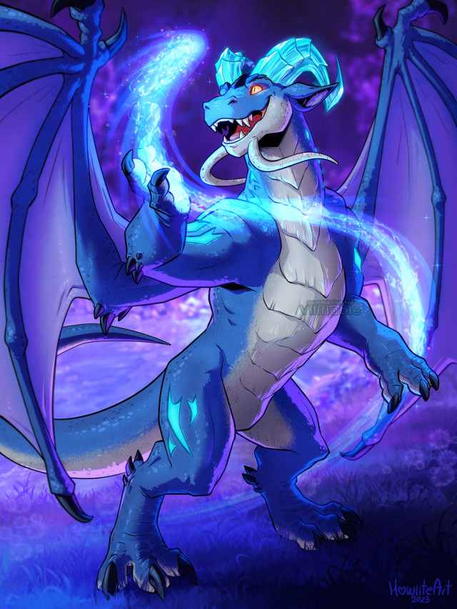 Digital art of a blue dragon with ice horns, standing up on his hind legs. A bright blue surge of magic is wrapped around his body, the head of it in his raised palm. He is looking at the magic with an expression of wonder and joy.