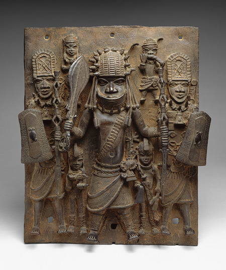 Plaque: Warrior and Attendants, 16th–17th century Nigeria; Edo peoples, Court of BeninBrass; H. 18 &