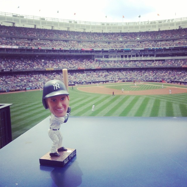 “Oh, by the way, tomorrow night, Paull O'Neill has to catch a fly ball in his hat.”
(at Yankee Stadium)